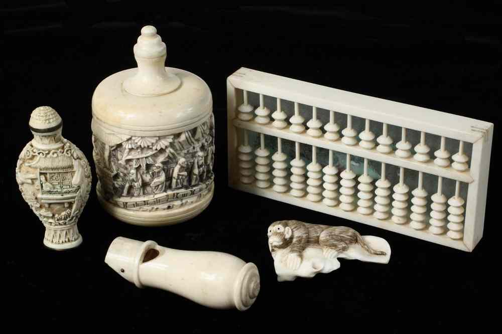 Appraisal: PCS ORIENTAL IVORY - Including Large Cylindrical Snuff Bottle with