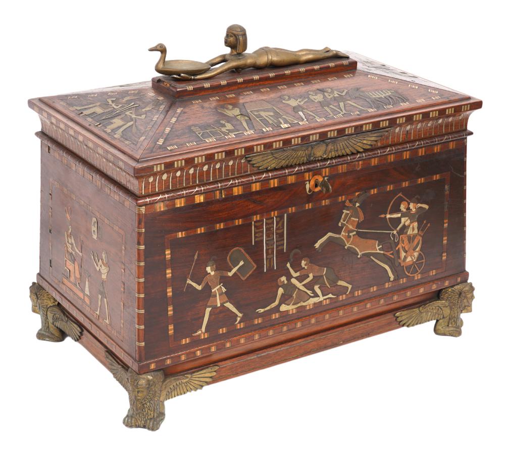 Appraisal: EGYPTIAN REVIVAL SARCOPHAGUS CASKETEgyptian Revival Sarcophagus Casket has metal inlays