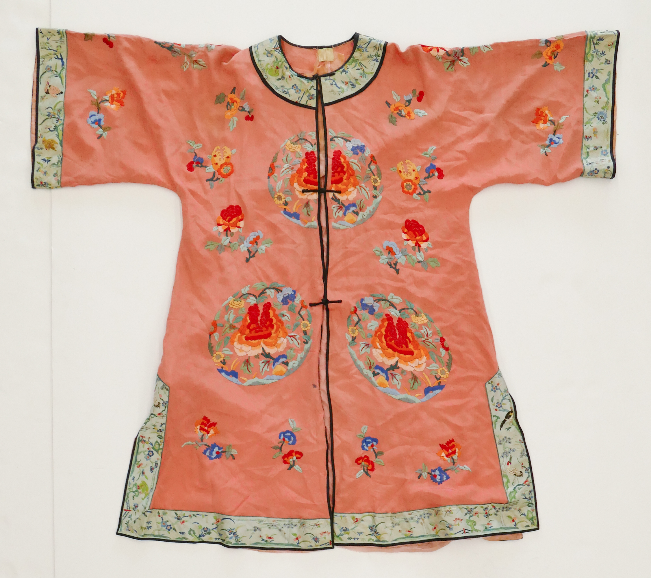 Appraisal: Old Chinese Pink Silk Embroidered Floral Robe- x ''