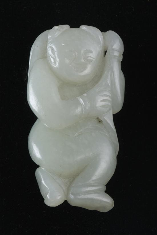 Appraisal: CHINESE LIGHT CELADON JADE FIGURE OF BOY th century -