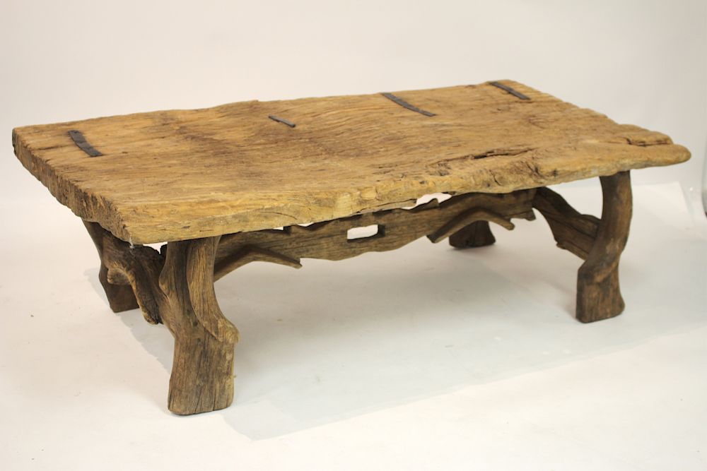 Appraisal: Southwest Weathered Rustic Low Table Iron Banded A heavily weathered