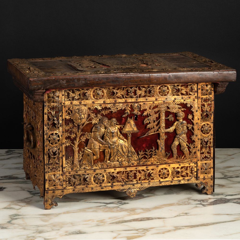 Appraisal: Spanish Gilt-Iron and Velvet-Mounted Walnut Table Coffer The lid with