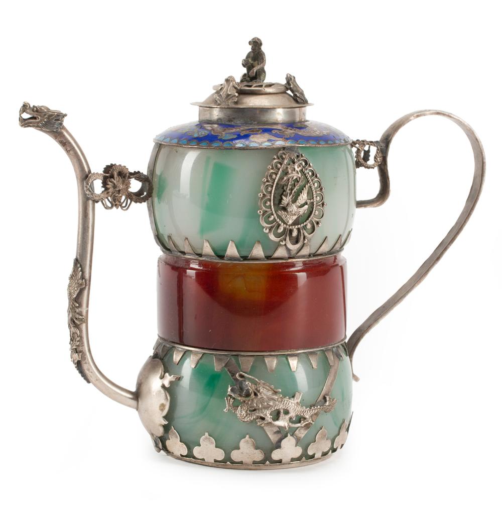 Appraisal: Chinese Silver Cloisonne Enamel and Hardstone Teapot reticulated cover surmounted