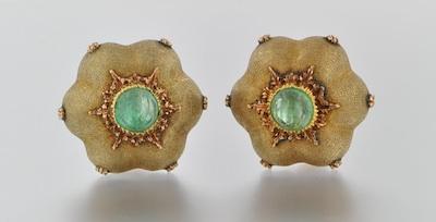 Appraisal: A Pair of k Gold and Emerald Cabochon Earclips by