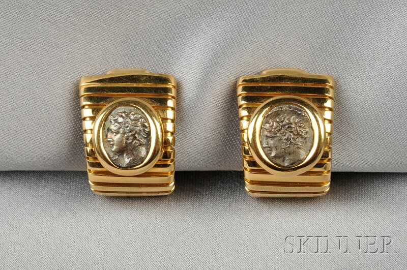 Appraisal: kt Gold and Ancient Coin Earclips Bulgari each bezel-set with