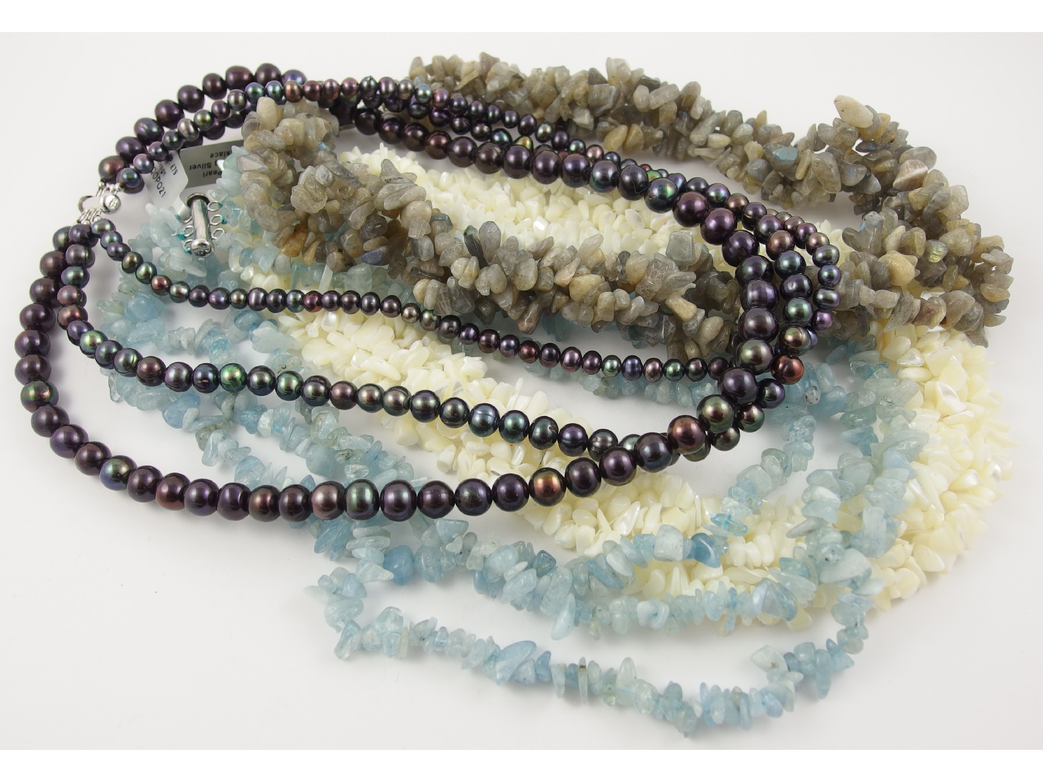 Appraisal: A collection of semiprecious bead jewellery to include aquamarine black