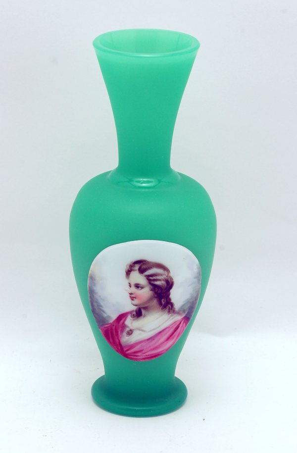 Appraisal: Green opaline vase with applied white glass oval with handpainted