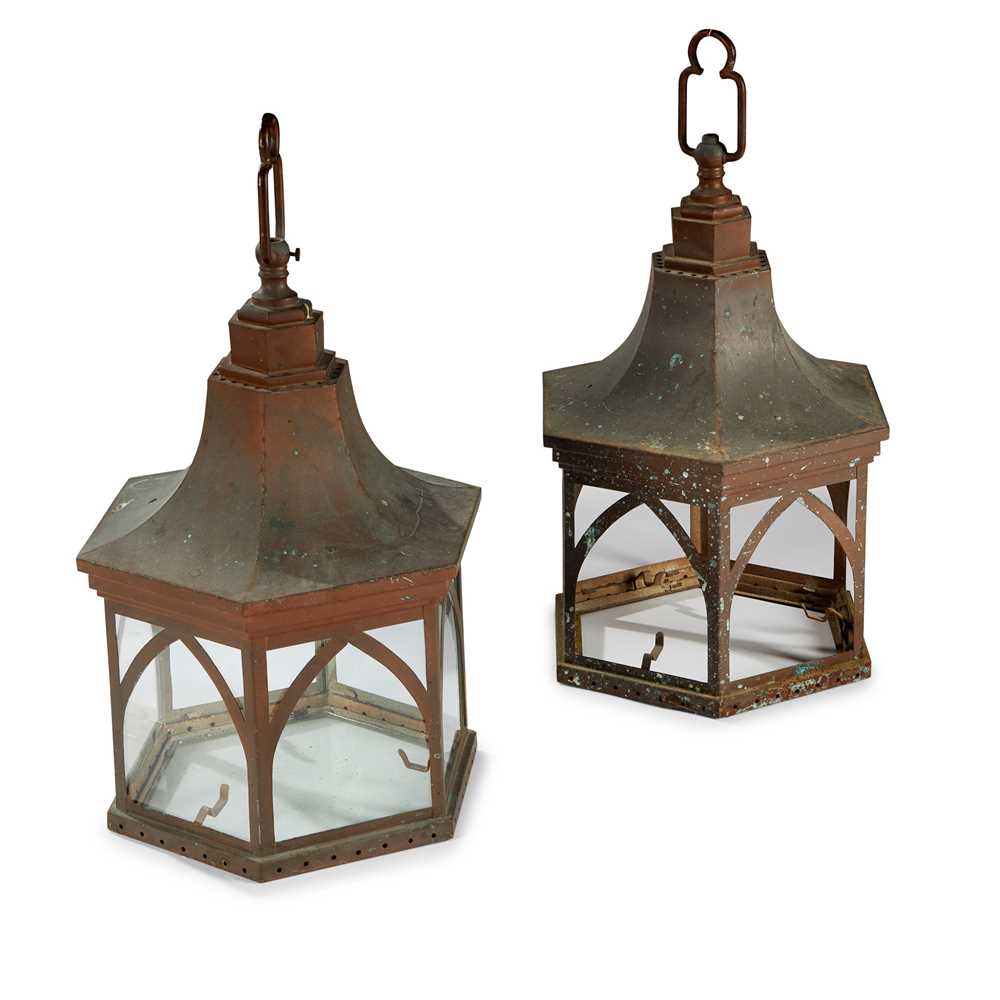 Appraisal: PAIR OF HEXAGONAL PATINATED METAL LANTERNS EARLY MID TH CENTURY