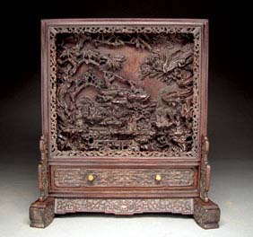 Appraisal: CARVED ZITAN SCHOLAR SCREEN Superbly carved Chinese zitan wood scholar