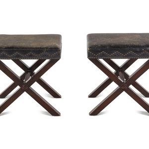 Appraisal: A Pair of Leather-Upholstered and Nailhead-Decorated X-Form Stools Circa Height