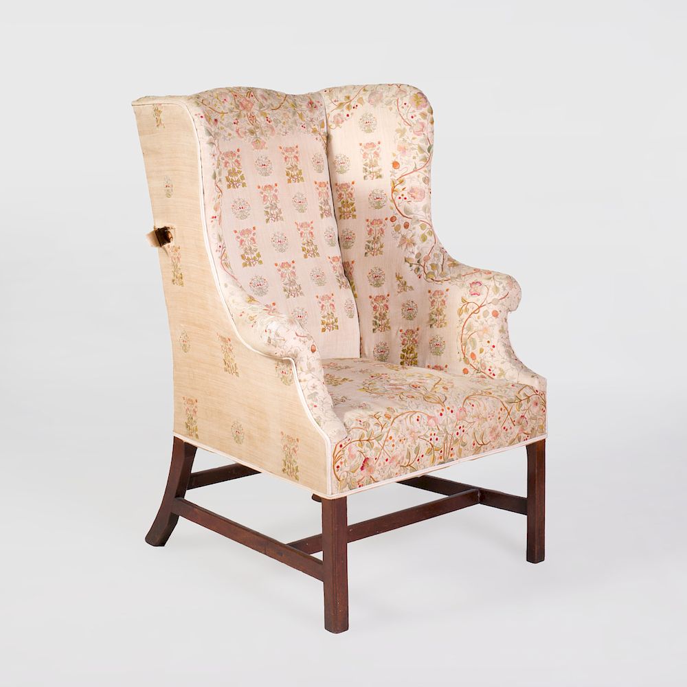 Appraisal: George III Mahogany Winged Armchair Upholstered in embroidered linen x