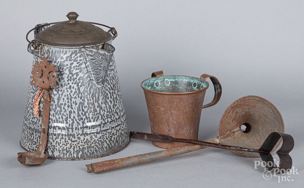 Appraisal: Metalware to include a grey graniteware coffeepo Metalware to include