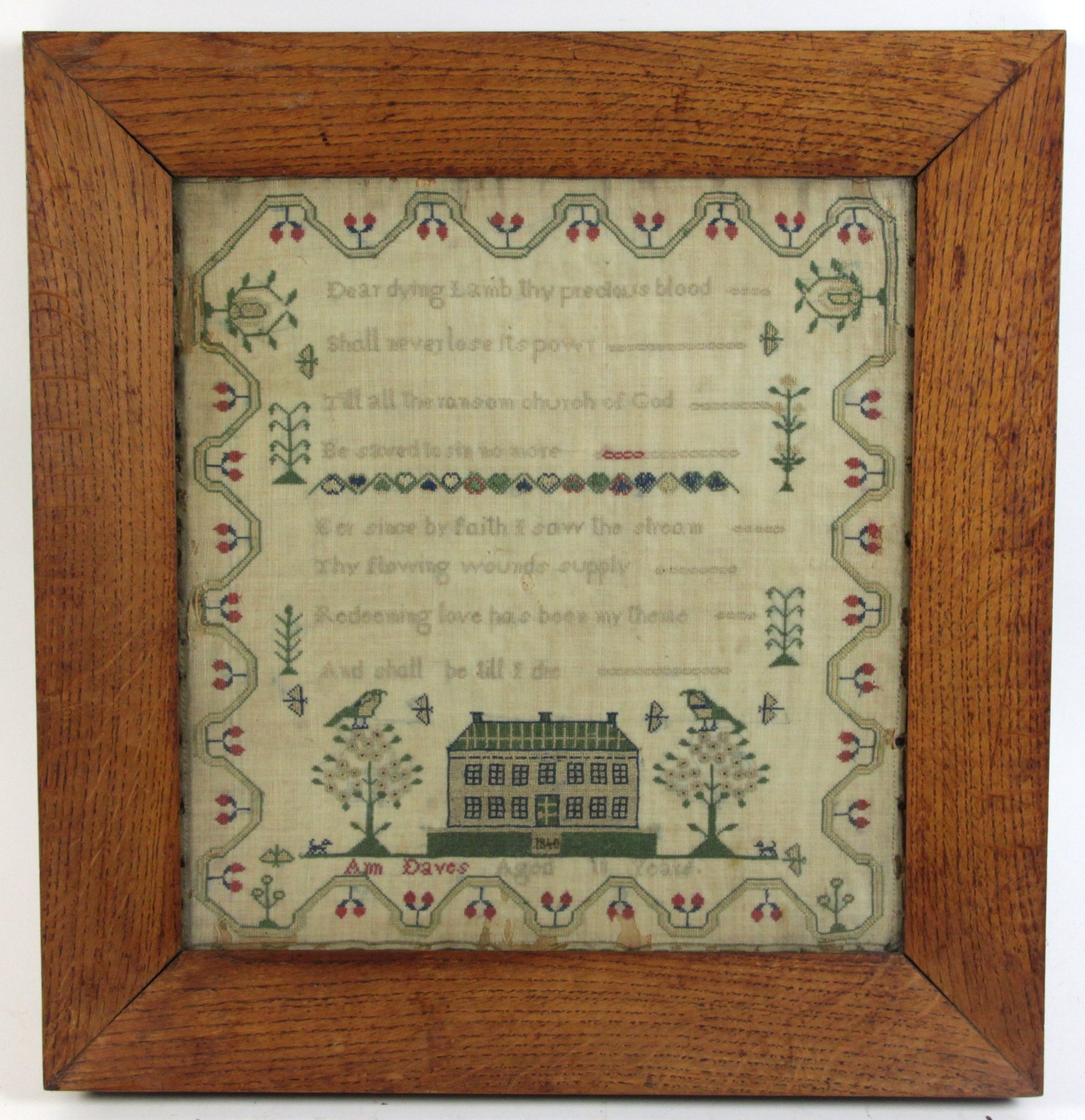 Appraisal: A needlework sampler by Ann Daves aged ten sewn with