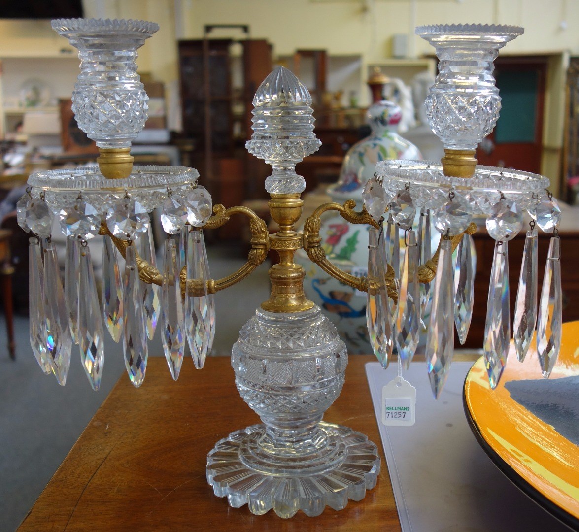 Appraisal: A pair of gilt bronze mounted cut glass twin light