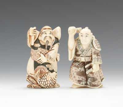 Appraisal: A Lot of Two Carved Ivory Figures Signed Two carved