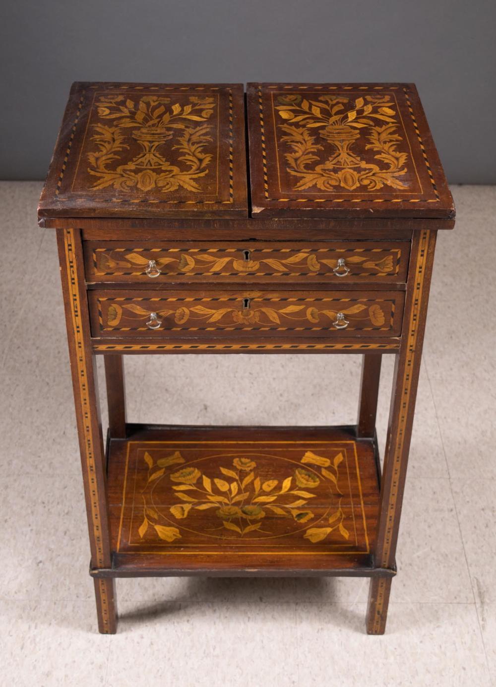 Appraisal: DUTCH MARQUETRY WORK TABLE the Netherlands th century floral inlaid