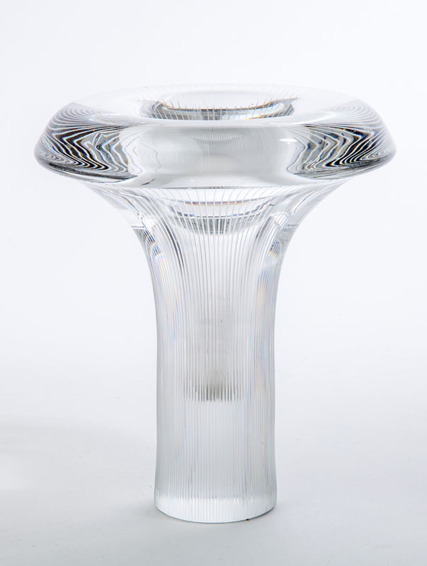 Appraisal: TAPIO WIRKKALA FOR IITTALA FINLAND WHEEL-CUT GLASS MUSHROOM-SHAPE VASE Incised