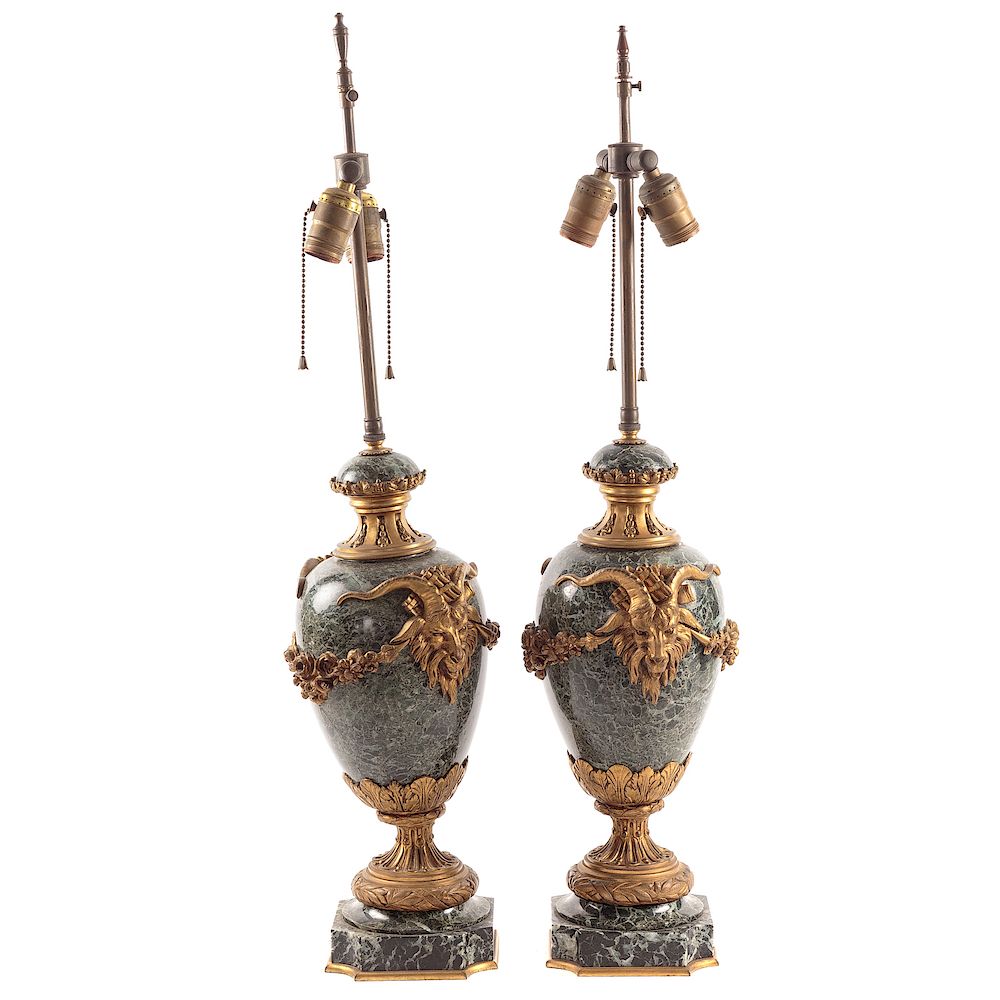 Appraisal: Pair of Louis XVI Style Marble Urn Lamps Green variegated