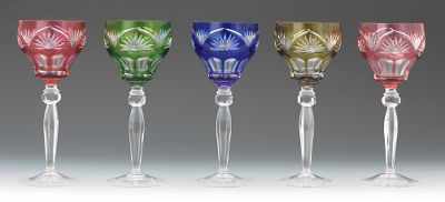 Appraisal: Five Colored Crystal Wine Goblets Moser style wheel cut sunburst