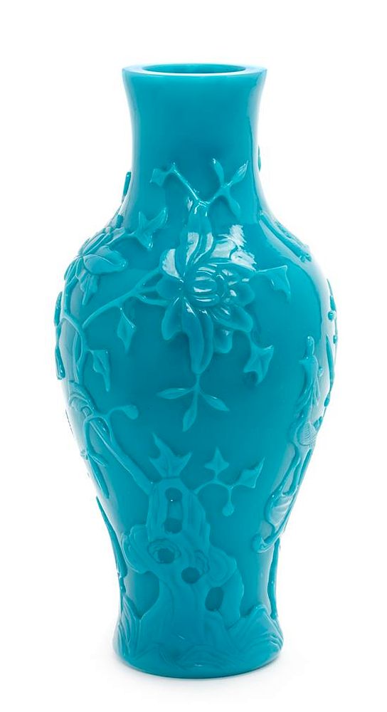 Appraisal: A Turquoise-Blue Olive-Shaped Peking Glass Vase Height inches A Turquoise-Blue