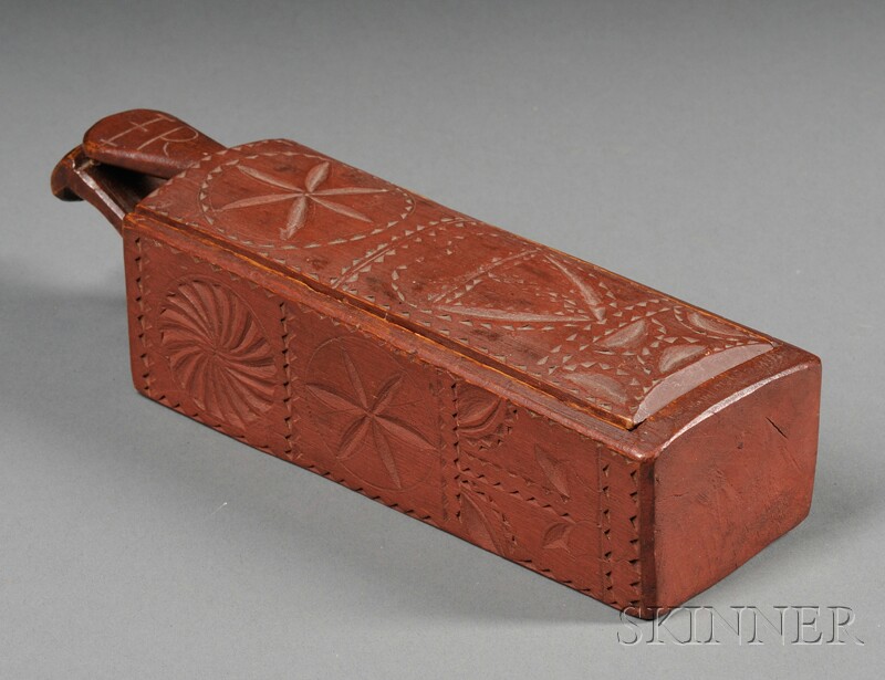 Appraisal: Red-painted Chip-carved Slide-lid Box reportedly Rye New Hampshire early th