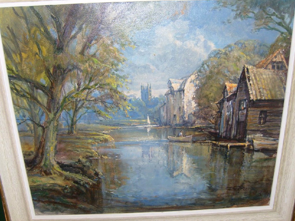 Appraisal: An oil painting on board of a river landscape with