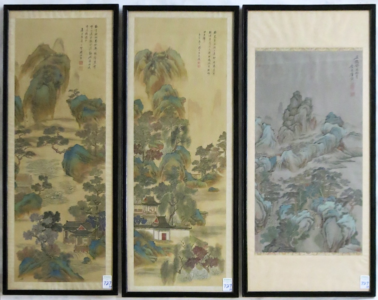 Appraisal: THREE CHINESE LANDSCAPE PAINTINGS ON SILK th century Images measure