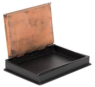 Appraisal: Mechanical Card Box Circa Copper box painted black facilitates the