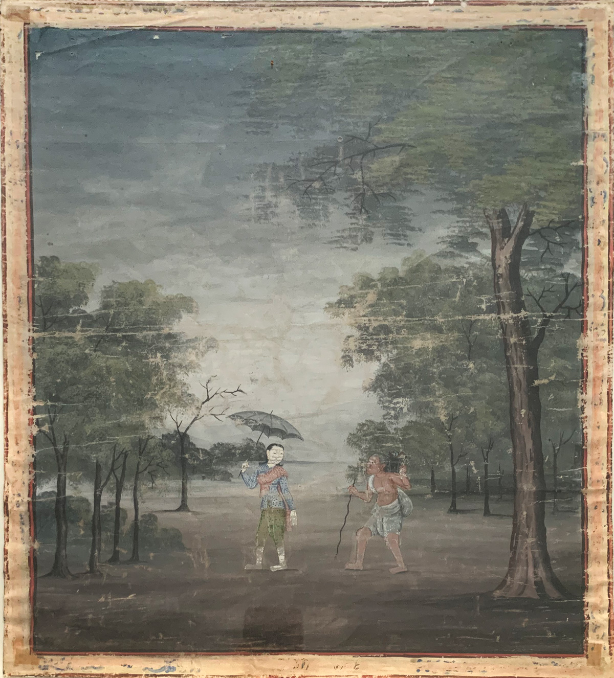 Appraisal: EARLY ASIAN PAINTING ON CANVAS Figures Meeting in a Forest