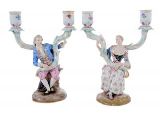 Appraisal: Pair Meissen Figural Candleholders German th century underglaze blue painted