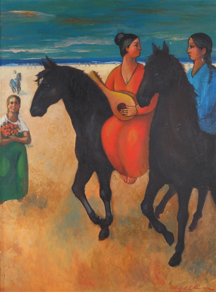 Appraisal: Oil Canvas Two Women Horse Riding on Beach Angel Chavez