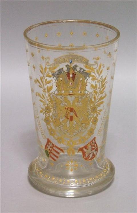 Appraisal: AUSTRIAN ENAMELED GLASS BEAKER The tall vessel with flaring sides