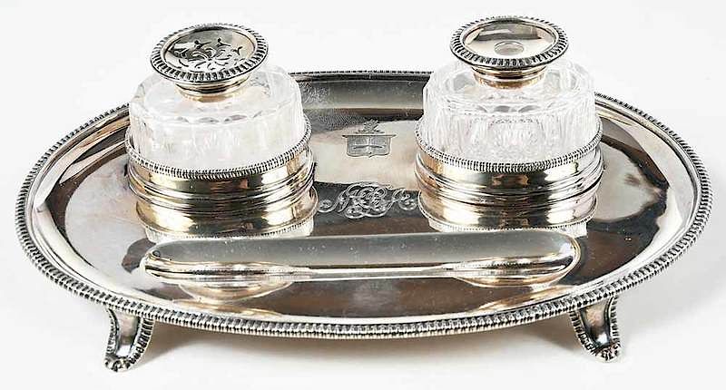 Appraisal: English Silver Ink Stand Sheffield oval with gadroon border oval