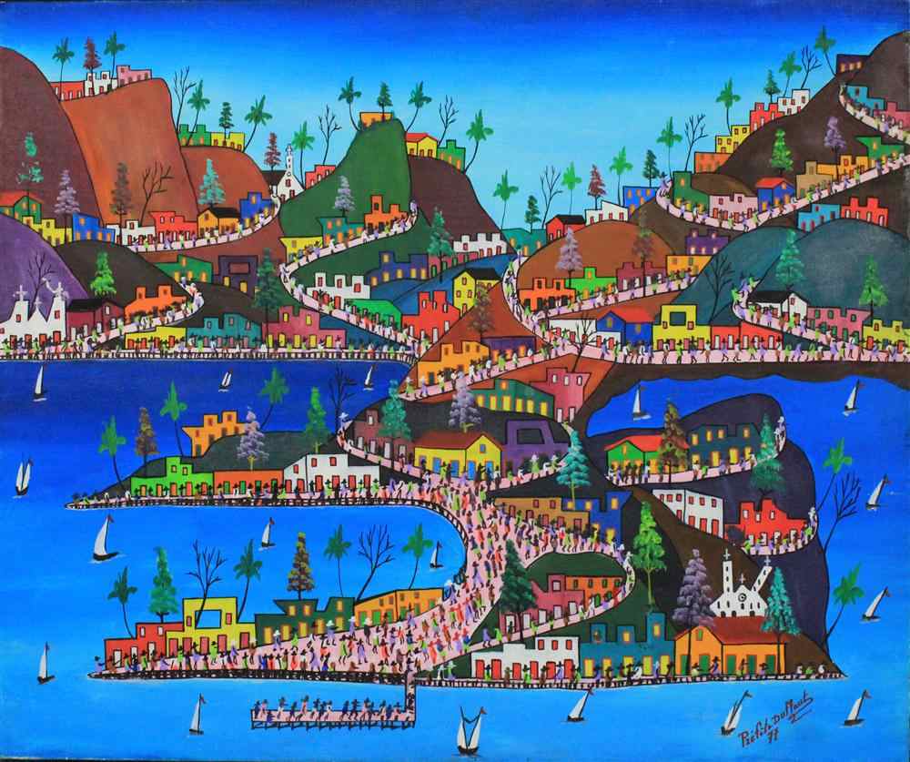 Appraisal: PREFETE DUFFAUT HAITIAN - HARBOR SCENE Oil on canvas x