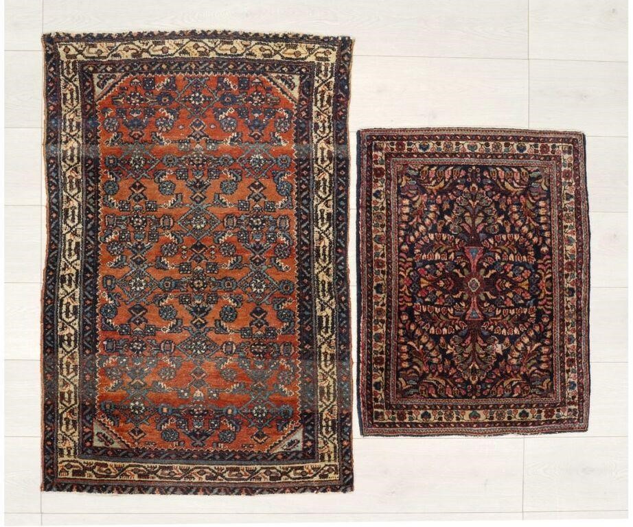 Appraisal: Small Sarouk mat with blue field together with a larger