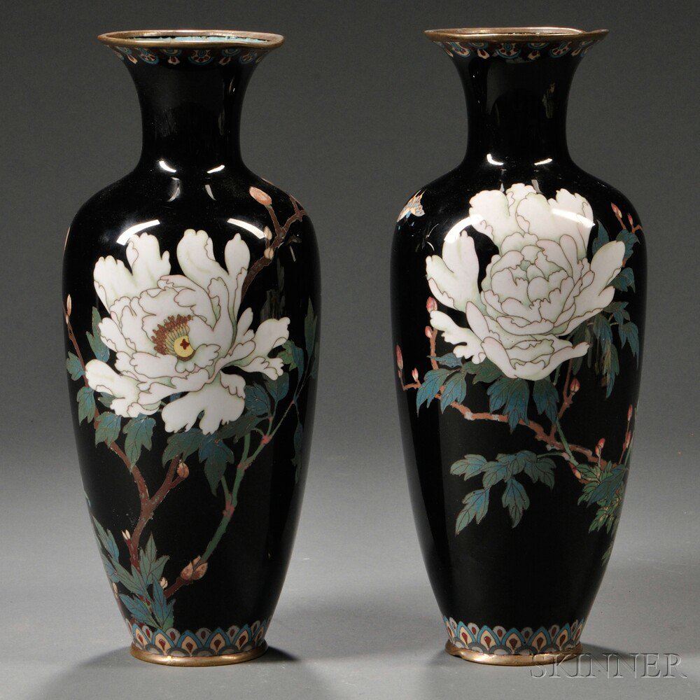 Appraisal: Pair of Black Cloisonne Vases Japan long oviform with flared