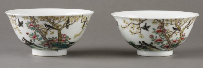 Appraisal: Bowls feature bird and tree motif with text verse on