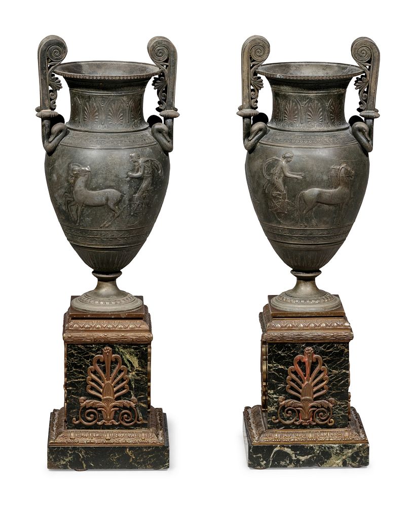 Appraisal: A Pair of Empire Style Patinated Metal and Marble Urns