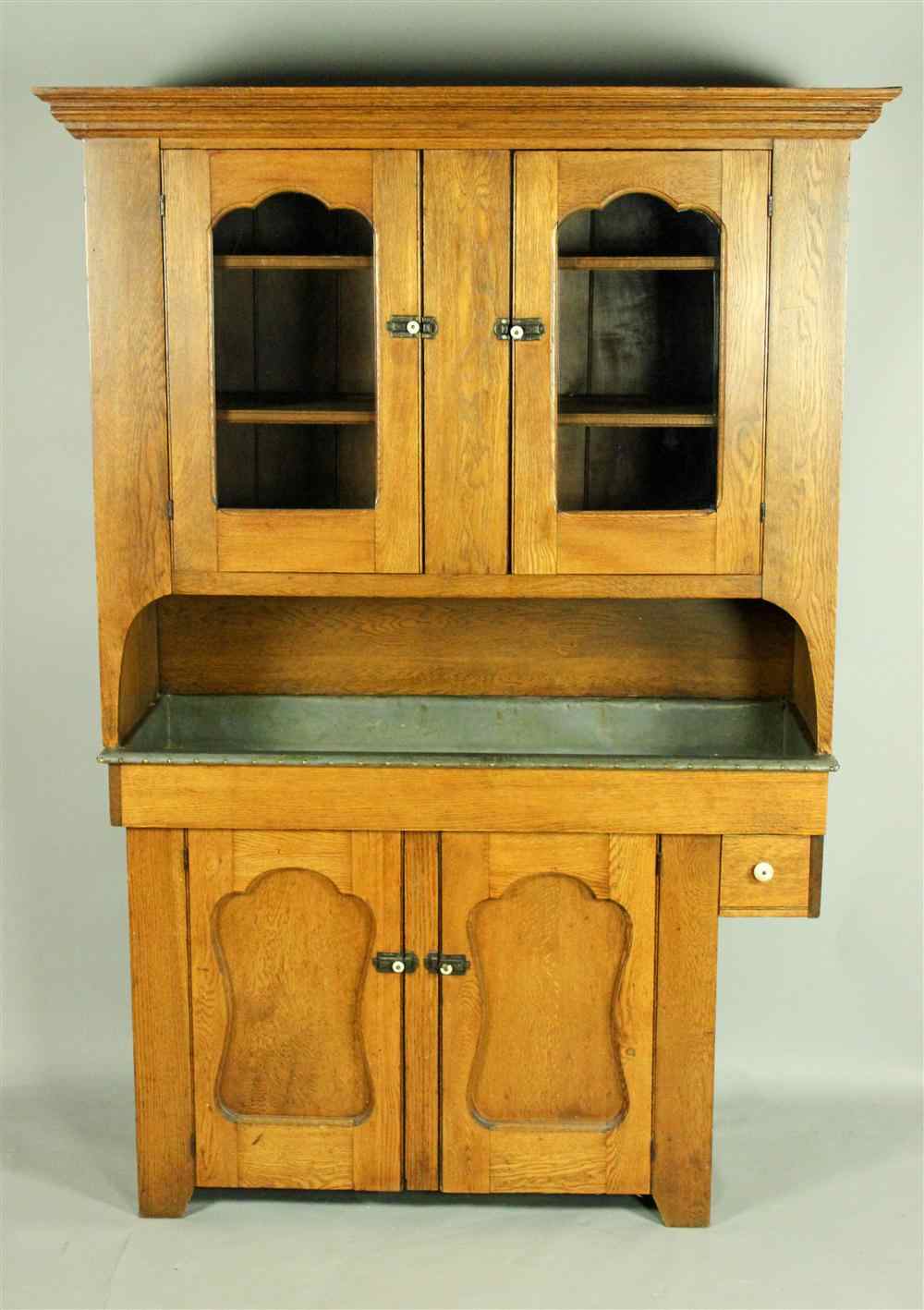 Appraisal: AMERICAN OAK TWO PART STEP BACK CUPBOARD WITH DRY SINK