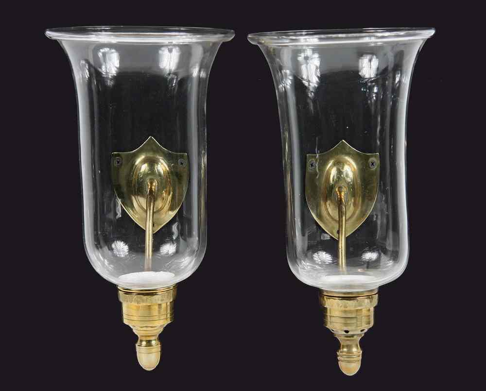 Appraisal: PAIR TH C BRASS GLASS CANDLE SCONCES - Pair th