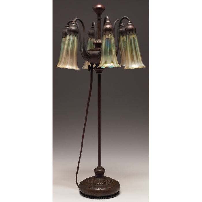 Appraisal: Unusual Tiffany Studios lamp six-light lily bronze base with an