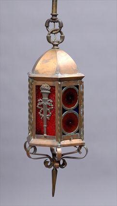 Appraisal: RENAISSANCE-STYLE GLASS-MOUNTED COPPER HEXAGONAL LANTERN Applied with bulls eye amber