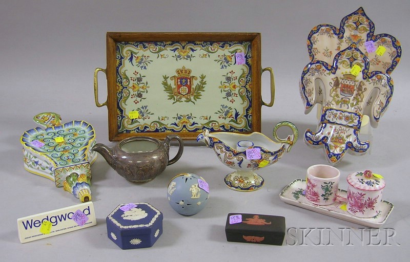 Appraisal: Seven French Faience and Four Wedgwood Items faience chamber candle