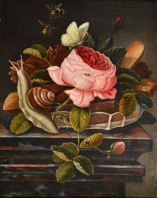 Appraisal: CIRCLE OF JAN VAN KESSEL - A rosebud butterfly bees