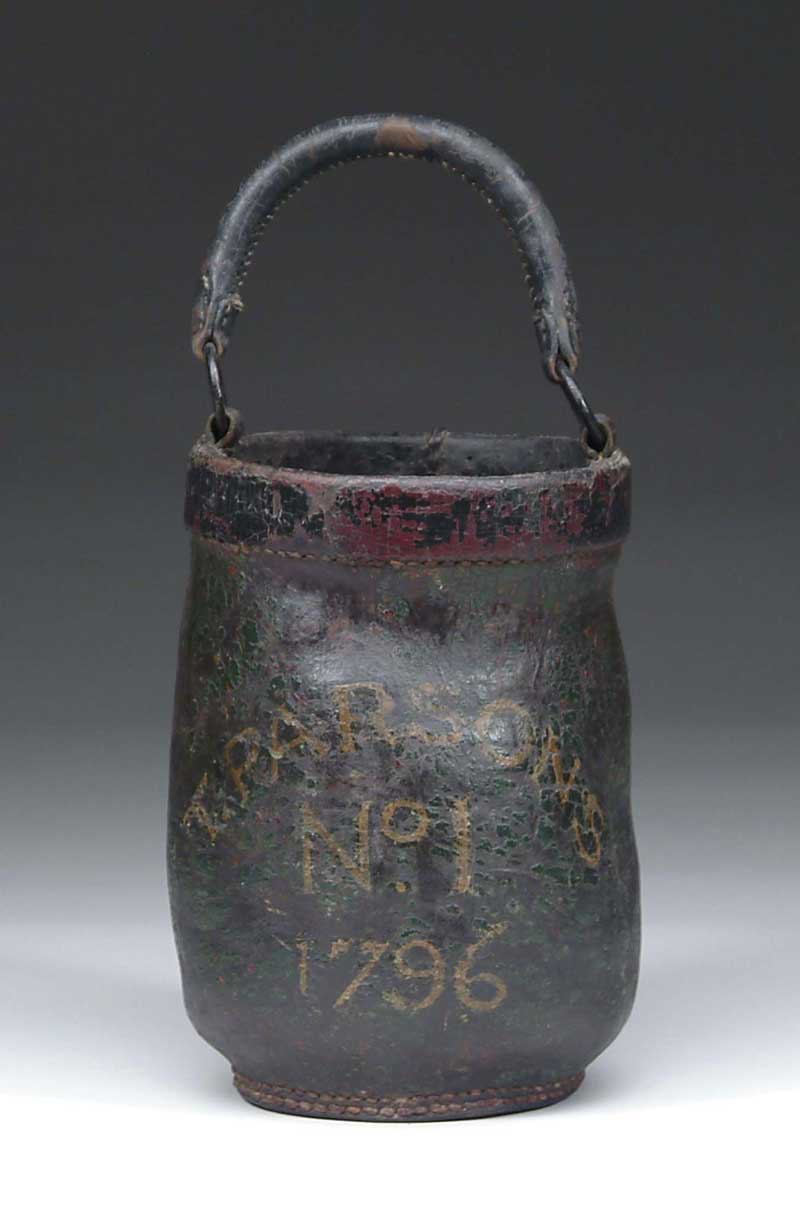 Appraisal: PAINTED LEATHER FIRE BUCKET T PARSONS Body having a green