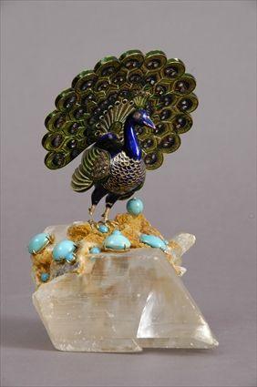 Appraisal: INDIAN ENAMELED FIGURE OF A PEACOCK ON MINERAL BASE Rendered