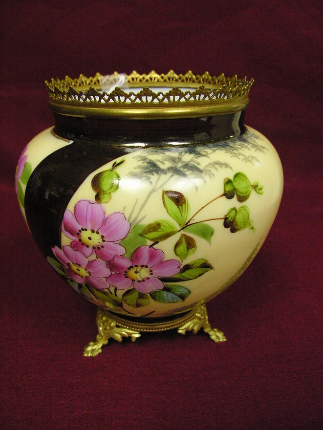 Appraisal: BRASS MOUNTED BRISTOL GLASS VASE Very nice floral decor Size