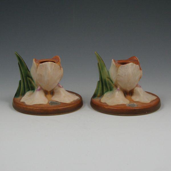 Appraisal: Roseville Iris candleholders in tan with original foil labels Marked