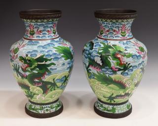 Appraisal: CHINESE CLOISONNE ENAMEL DRAGON PEARL VASES pair Chinese cloisonne enamel