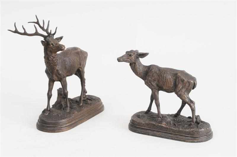 Appraisal: AFTER ALFRED DUBUCAND DOE AND STAG A PAIR Bronzes incised